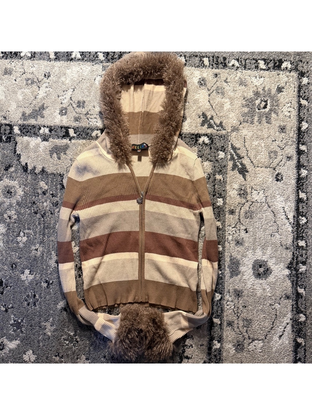 dELiA*s Women's XS Striped Zip-Up Hoodie with Fluffy Trim in